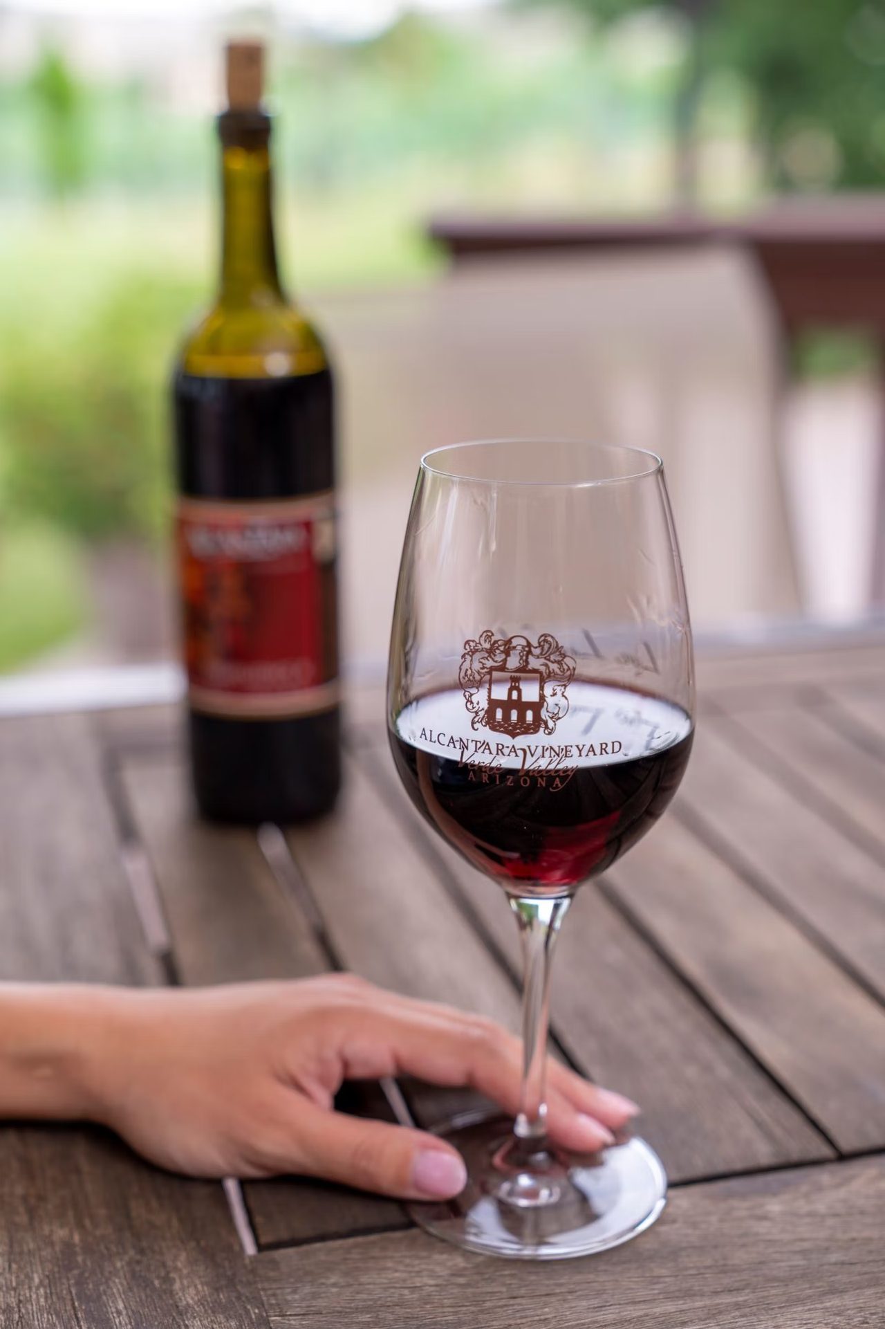 A glass of red wine at Alcantara Vineyard